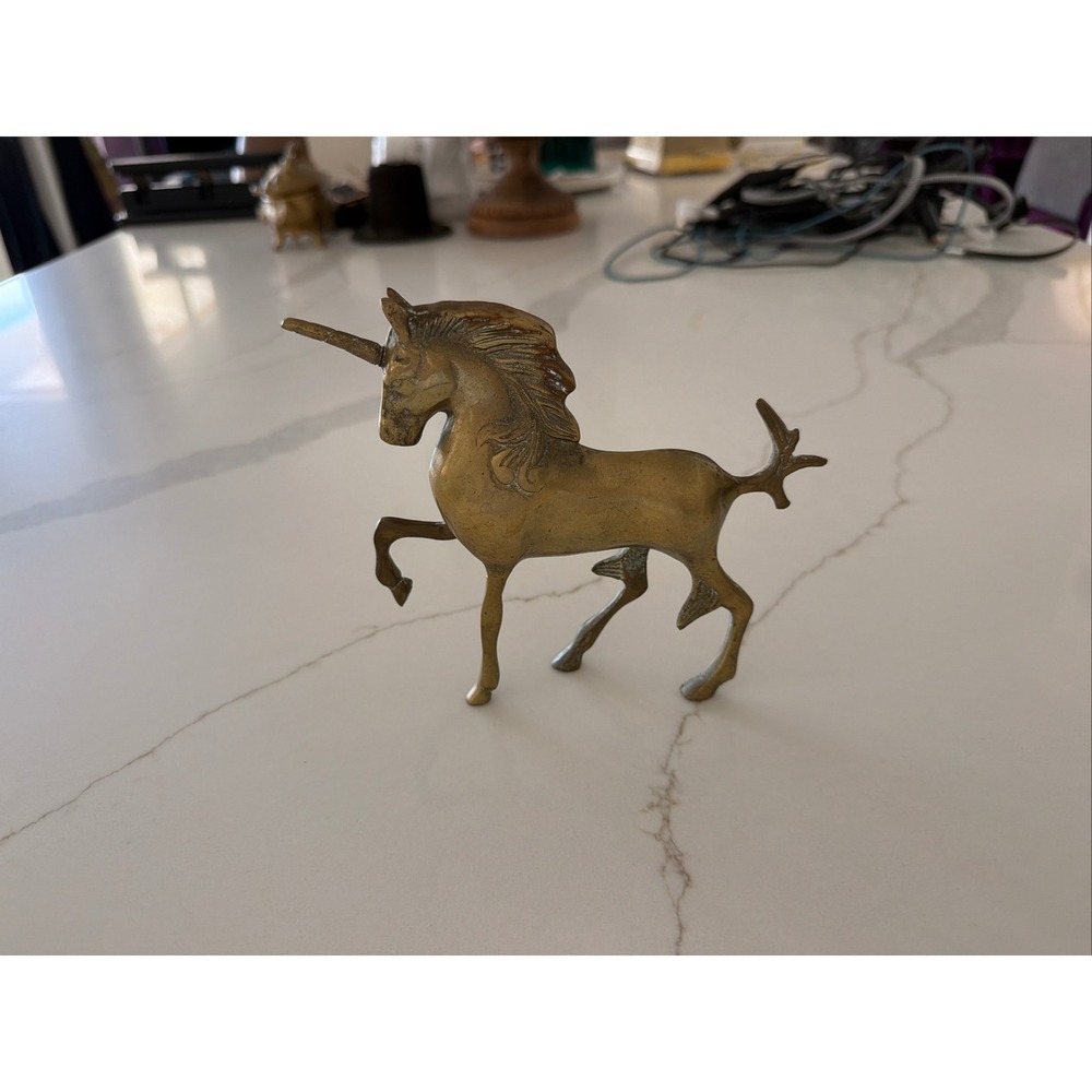 Vintage Solid Brass Unicorn Figurine Prancing Mythical Statue Gold Tone Decor